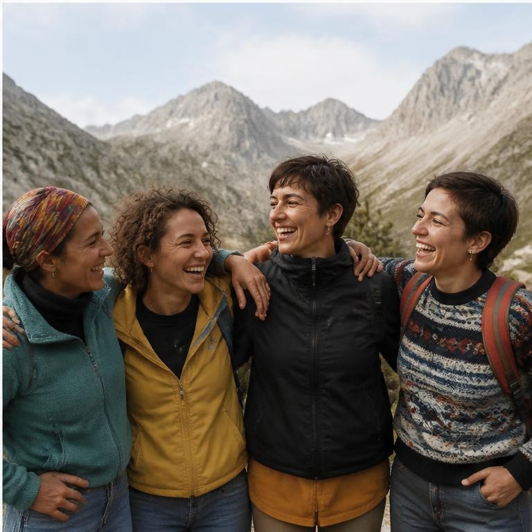 Un gruppo di donne lesbiche ride durante un'escursione in montagna