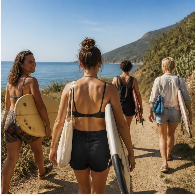 Un gruppo di donne lesbiche raggiunge il mare con le tavole da surf