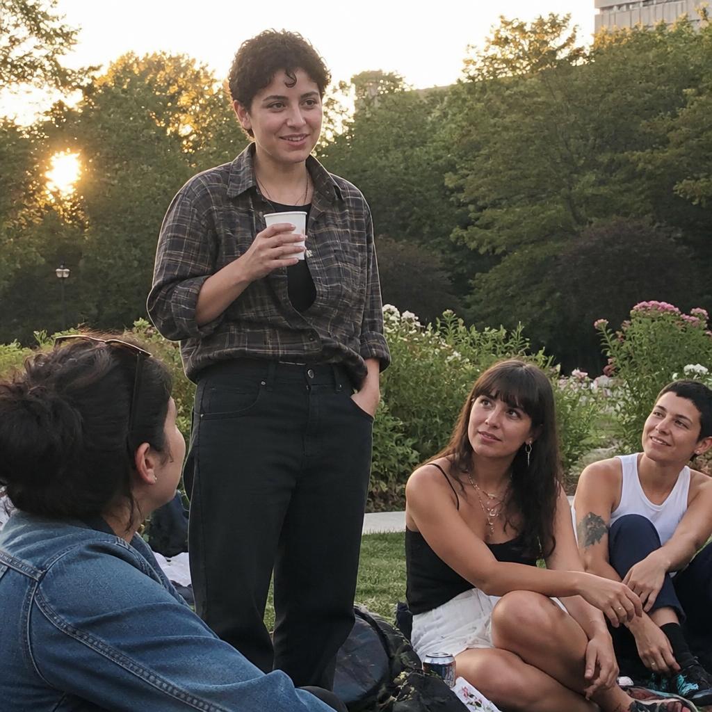 Una ragazza pensierosa guarda verso un piccolo gruppo di donne riunite in un giardino al tramonto